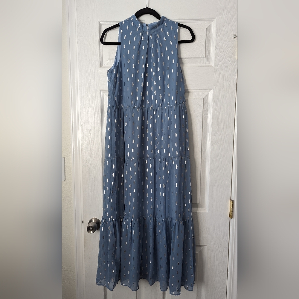 DONNA RICCO — Foil Polka Dot Sleeveless Tiered Maxi Dress